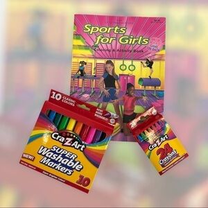 Sports for girls coloring book with new crayons and markers